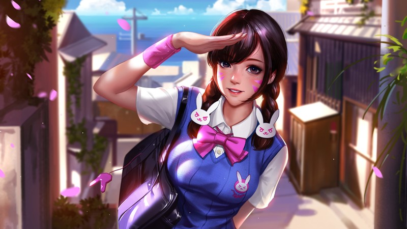 digital, digital art, artwork, illustration, drawing, digital painting, fictional, fictional character, character design, video games, video game art, video game characters, video game girls, game art, Overwatch, Blizzard Entertainment, environment, concept art, portrait, fan art, women, fantasy girl, D.Va (Overwatch), school, school uniform, schoolgirl, brown eyes, Liang Xing