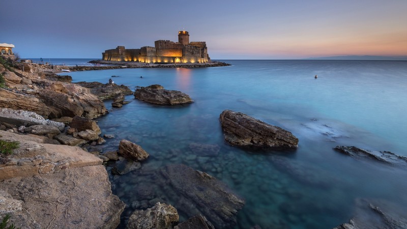 Le Castella, Calabria, sunset, Italy, castle, lights, Isola di Capo Rizzuto, nature, sea, cliff