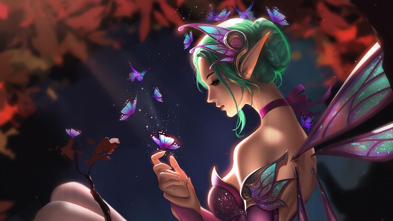 digital, digital art, artwork, drawing, digital painting, fictional, fictional character, video game art, video games, video game characters, video game girls, women, fantasy girl, character design, Overwatch, Blizzard Entertainment, environment, illustration, Mercy, animals, butterfly, butterflies, Elfs, elves, fall, wings, green hair, portrait