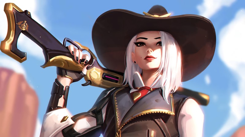 digital, digital art, artwork, drawing, digital painting, fictional, fictional character, video game art, video games, video game characters, video game girls, women, fantasy girl, character design, Overwatch, Blizzard Entertainment, environment, illustration, Ashe, Ashe (Overwatch), weapon, shotgun, Girl With Weapon, white hair, portrait