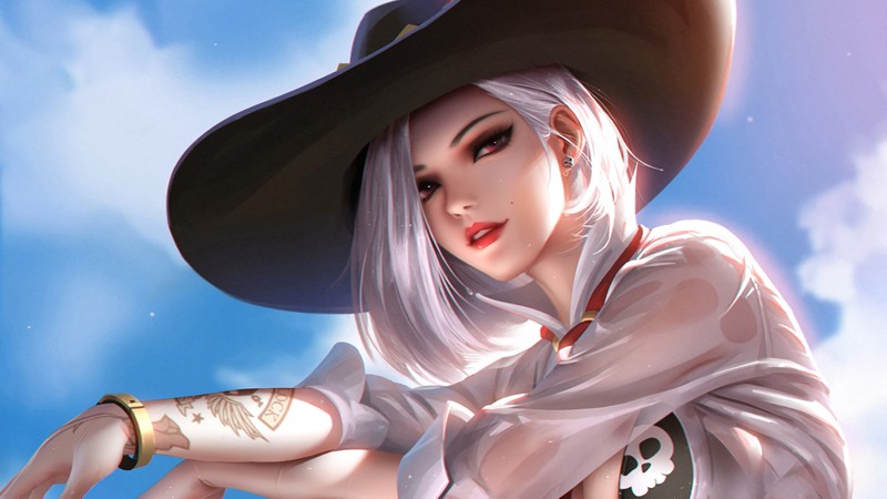 digital, digital art, artwork, drawing, digital painting, fictional, fictional character, video game art, video games, video game characters, video game girls, women, fantasy girl, character design, Overwatch, Blizzard Entertainment, environment, illustration, Ashe, Ashe (Overwatch), white hair, red eyes, summer, portrait