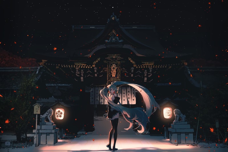 fall, dark, night, Vocaloid, Hatsune Miku, shrine, sky, stars, leaves, headphones, anime, twintails