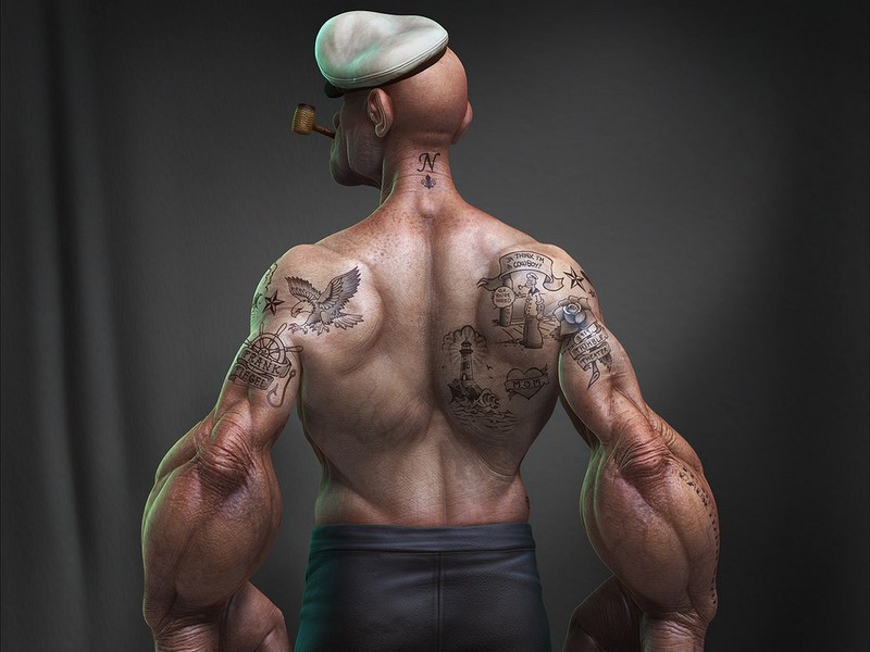 Popeye, pipe, hat, tattoo, biceps