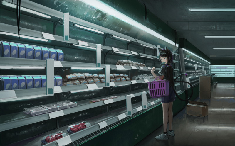 Market, fish, neko ears, anime, shopping, black hair, orange eyes