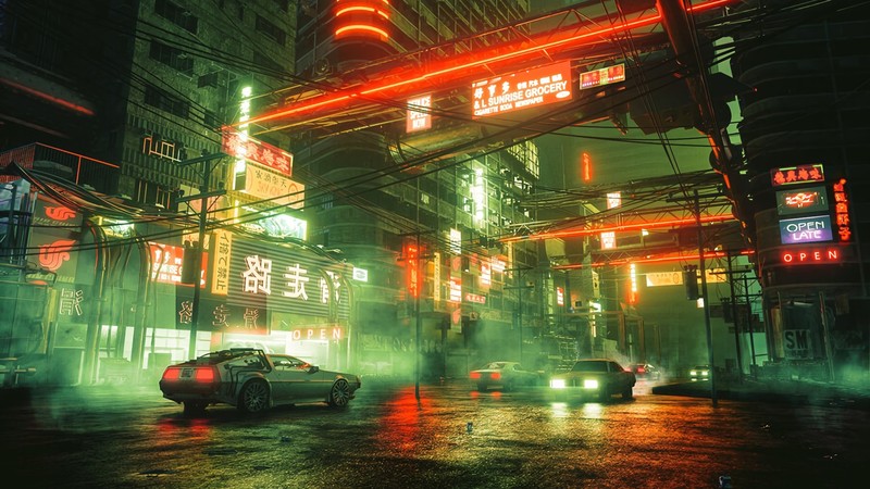 digital, digital art, artwork, illustration, city, cityscape, city lights, street, car, vehicle, transport, landscape, urban, architecture, building, dark, lights, neon, neon lights, night, cyber