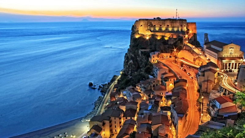 Scilla, Calabria, landscape, Italy, lights, sea, tower, church, sunset