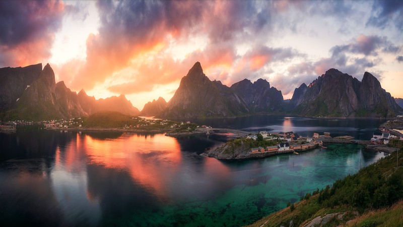 landscape, nature, river, sunlight, clouds, mountains, reflection, Lofoten, Reine, Norway