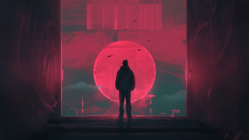digital, digital art, artwork, digital painting, drawing, outdoors, men outdoors, silhouette, dark, dusk, birds, concept art, environment, illustration, character design, rear view
