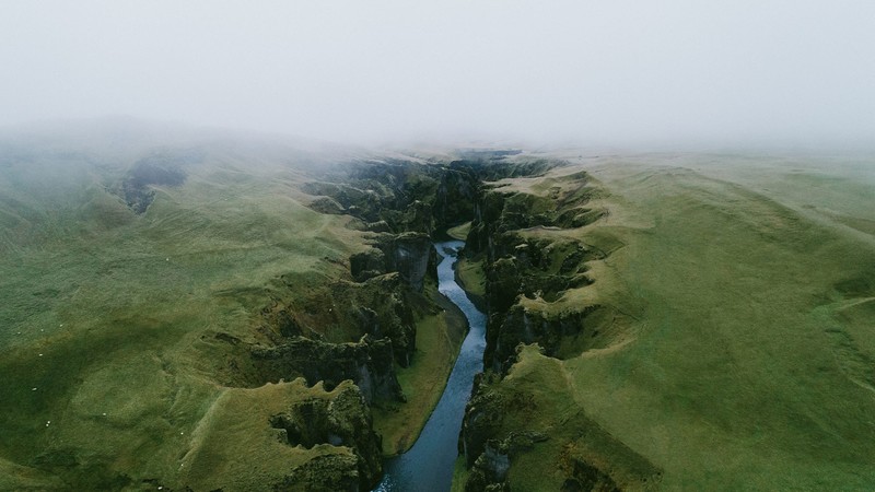landscape, nature, Iceland, green, grass, birds, mist, high angle
