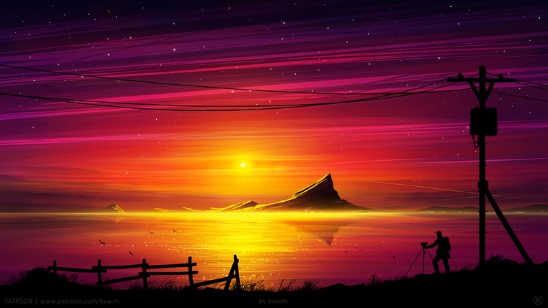 digital, digital art, artwork, drawing, digital painting, landscape, water, sea, reflection, Sun, sun rays, sunset, evening, dusk, dark, people, silhouette, night, stars, nature, sky, skyscape, photographer, illustration, dreamscape, men, men outdoors, outdoors, coast, colorful
