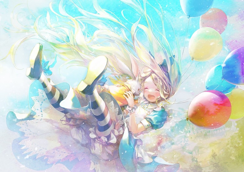 anime, anime girls, blonde, sky, Alice in Wonderland, balloon