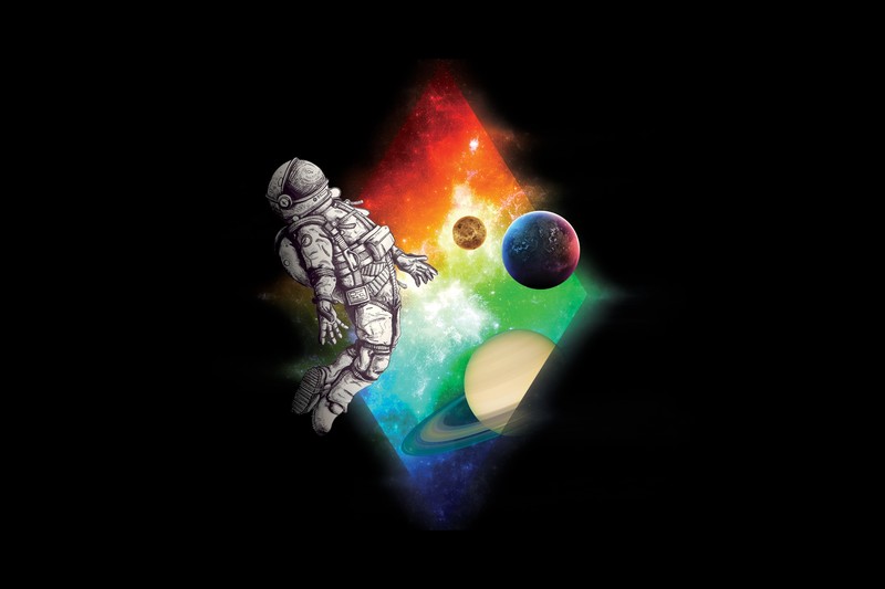 astronaut, artwork, rhombus, planet, black, colorful