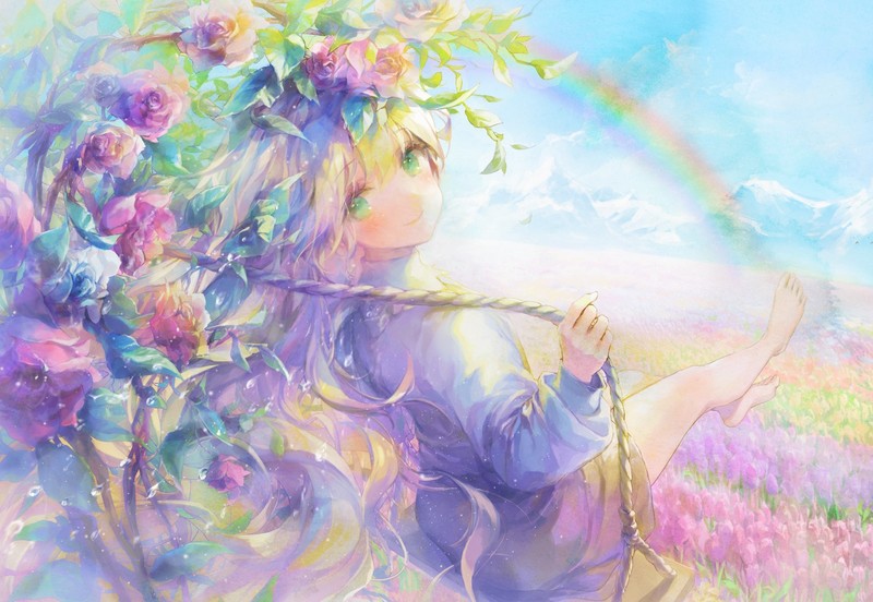 anime, anime girls, long hair, blonde, green eyes, flowers, sky, clouds