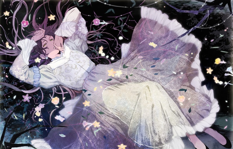 anime, anime girls, long hair, purple hair, yellow eyes, flowers, original characters, dress, spider webs