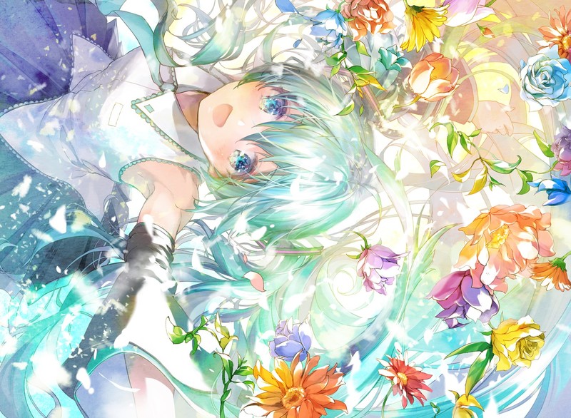 anime, anime girls, Vocaloid, Hatsune Miku, long hair, twintails, flowers