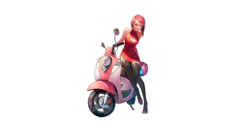 anime, anime girls, redhead, vehicle, simple background