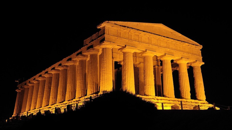 Valle dei Templi, Sicily, night, lights, Italy, landscape, temple, yellow