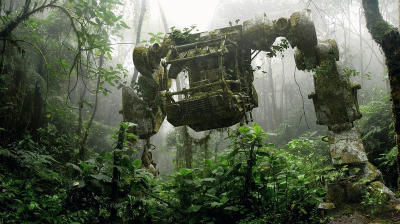mech, digital art, wreck, trees, science fiction