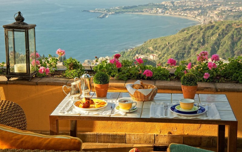 Sicily, landscape, breakfast, Italy, food, sea, Mediterranean, plants, flowers, table, cushions, bay, lamp, balcony, Taormina