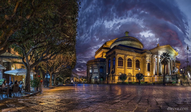 Sicily, Palermo, night, theater, architecture, Italy, lights, trees, square, watermarked