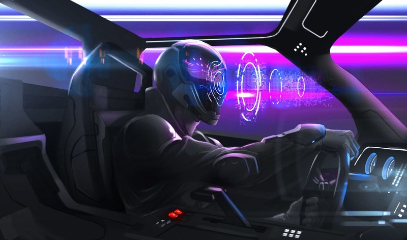 artwork, digital art, futuristic, cyberpunk, car, car interior, helmet