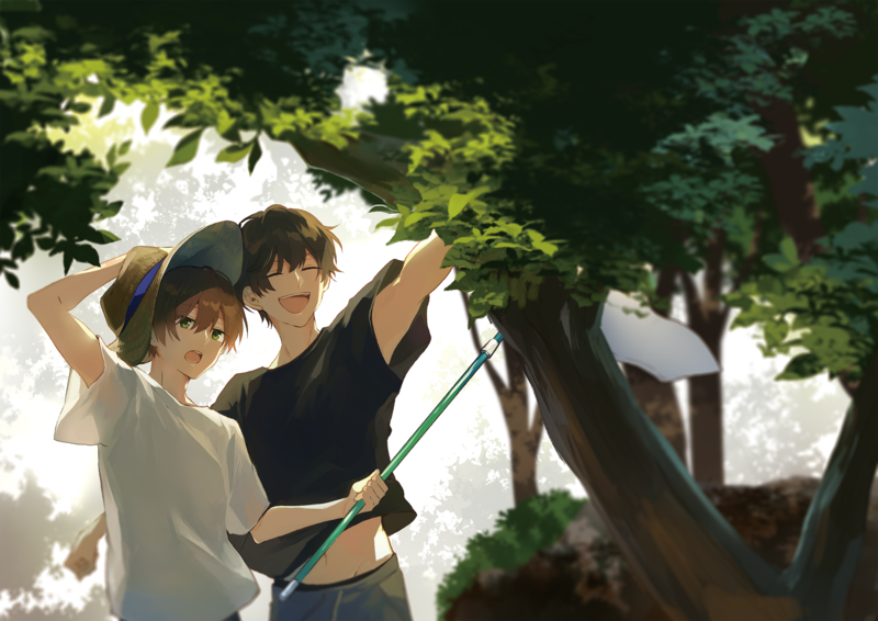 Male, anime, summer, Yaoi, smiling, straw hat, trees, leaves