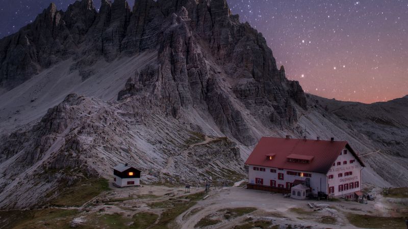 rocks, mountains, starry sky, house, night, 4k