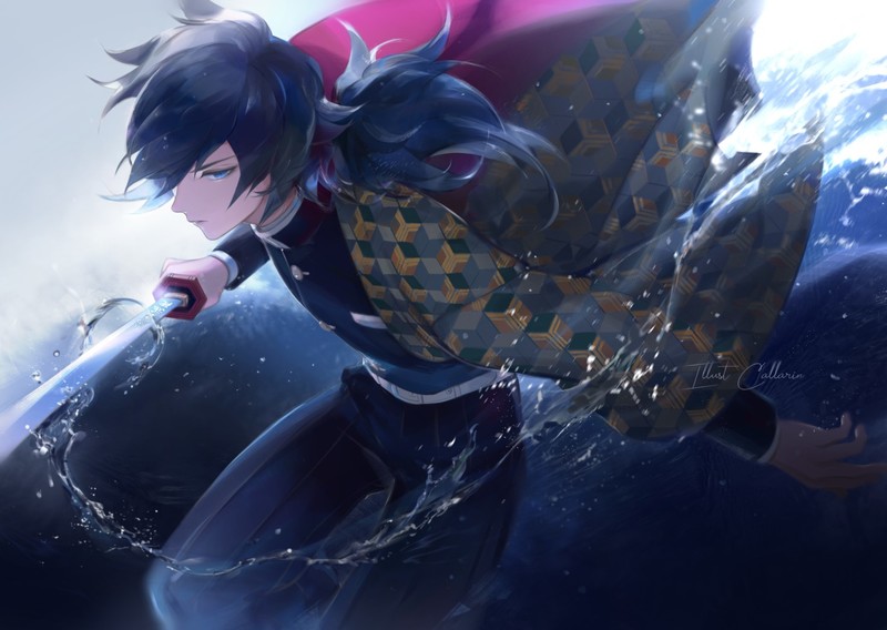 Kimetsu no Yaiba, katana, sword, long hair, aqua eyes, black hair, anime, Giyu Tomioka (Kimetsu no Yaiba)