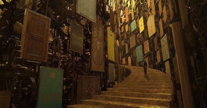 artwork, fantasy art, stairs, door, gear, gears