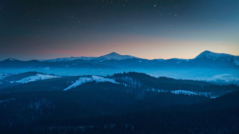 mountains, aerial view, starry sky, night, landscape, 4k