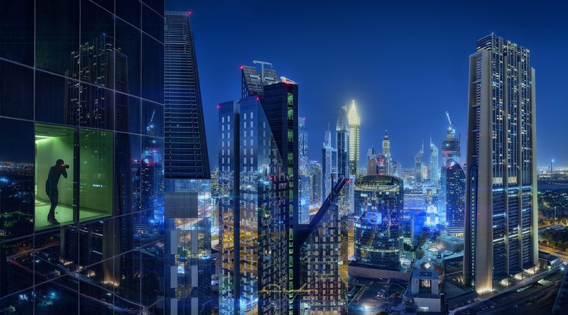 photography, Dubai, cityscape, night, lights, urban, skyscraper, building, architecture, reflection