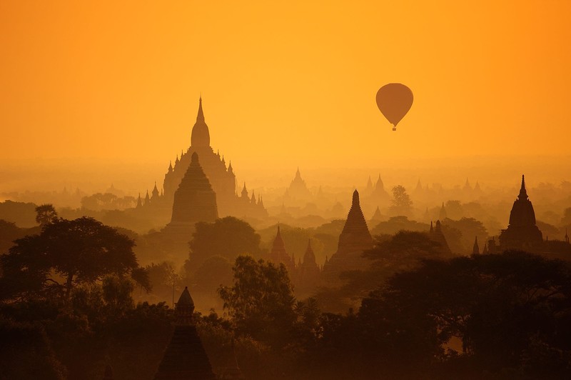 photography, mist, hot air balloons, balloon, trees, flying, sunlight, Bagan, Myanmar