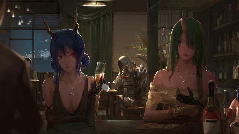 Arknights, horns, dress, blue hair, green hair, anime girls, Chen (Arknights), Hoshiguma (Arknights)