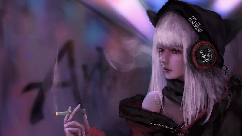 artwork, digital art, women, smoking, cigarettes, headphones, white hair, bangs