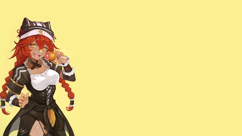 anime, anime girls, anime girls eating, Overlord (anime), Lupusregina Beta, yellow background