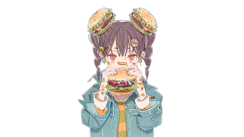 anime, anime girls, white background, original characters, anime girls eating, hamburgers, red eyes