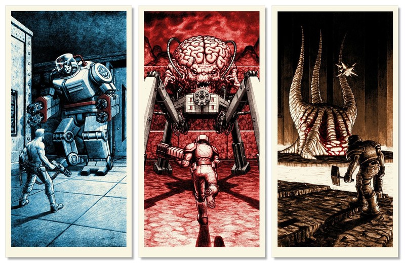 Wolfenstein, Doom (game), Quake, panels, video game art