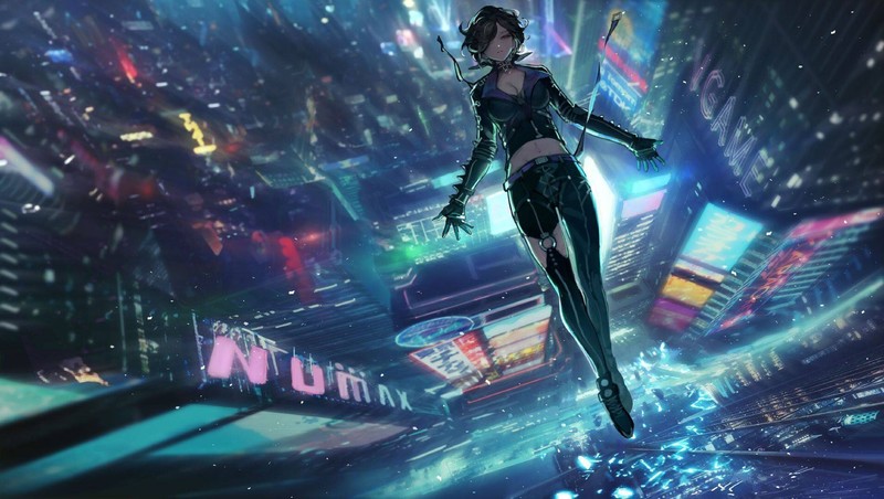 anime girls, cyber city, bare midriff, red eyes, black clothing, black hair, hair over one eye, falling