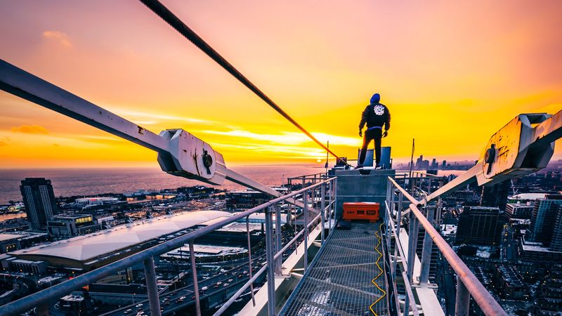 man, height, skyscraper, overview, city, sunset, 4k