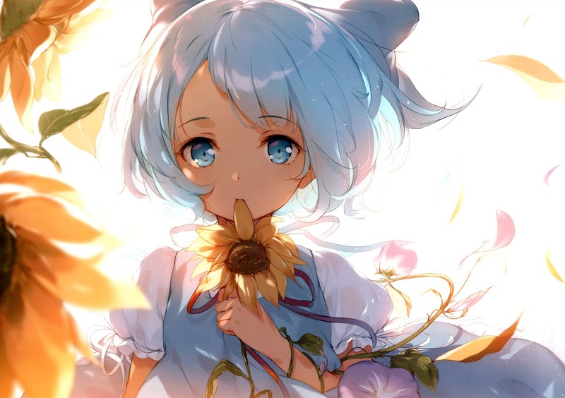 ke-ta, anime girls, Touhou, Cirno, short hair, blue hair, flowers, leaves, dress, blue eyes