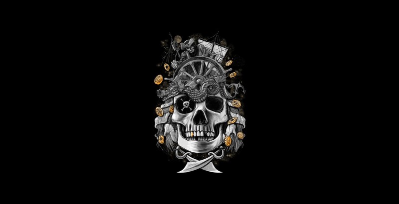 skull, artwork, minimalism, simple background, black background, pirates