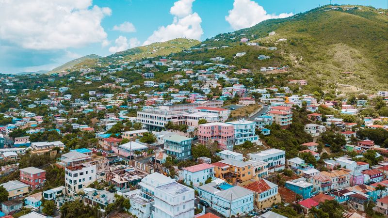 houses, hill, mountain, sky, charlotte amalie, usa, virgin islands, 4k