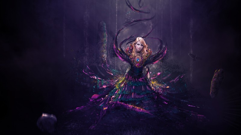 fantasy girl, purple background, digital art, women, makeup, blonde