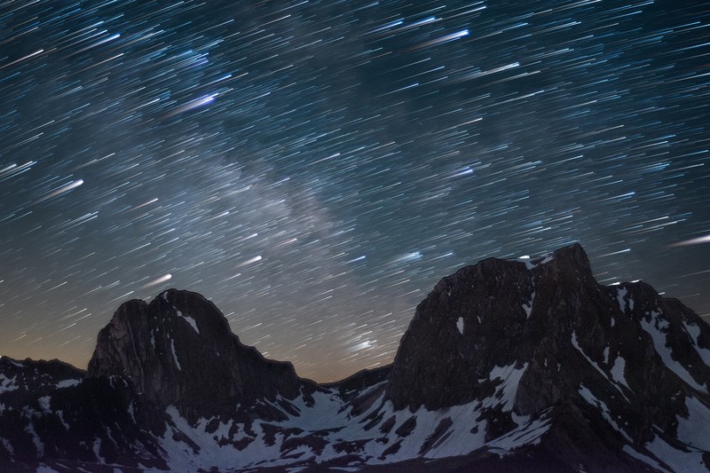mountains, snow, starry night, landscape, nature