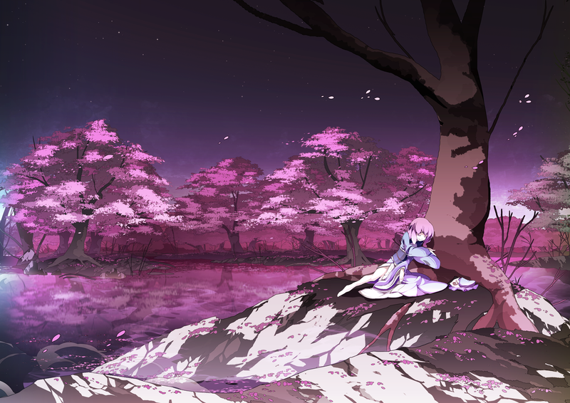Asakura Masatoki, Touhou, anime girls, Saigyouji Yuyuko, nature, trees, sleeping, dress, hat, pink hair, lake, water, reflection, leaves, sky