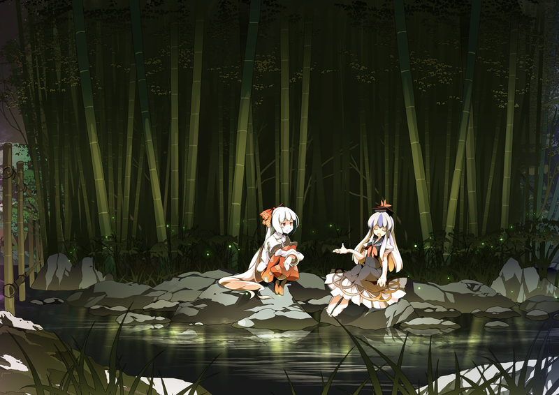 Asakura Masatoki, Touhou, anime girls, Kamishirasawa Keine, Fujiwara no Mokou, nature, trees, sitting, bamboo, river, rocks, grass, dress, hat, long hair, white hair, pants, shirt, red eyes