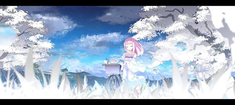 Asakura Masatoki, original characters, anime girls, nature, trees, bicycle, closed eyes, grass, sky, mountains, bubbles, water, reflection, pink hair, long hair, dress