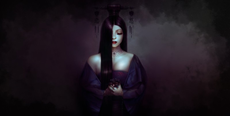 women, artwork, fantasy girl, dark, dark hair, fantasy art, red lipstick, closed eyes, long hair
