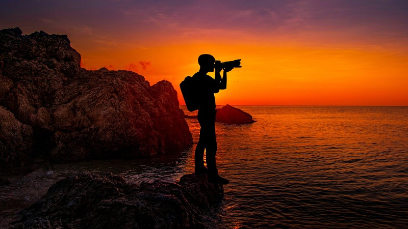 photographer, Sun, nature, rock, water, camera, sky, sunlight, dark