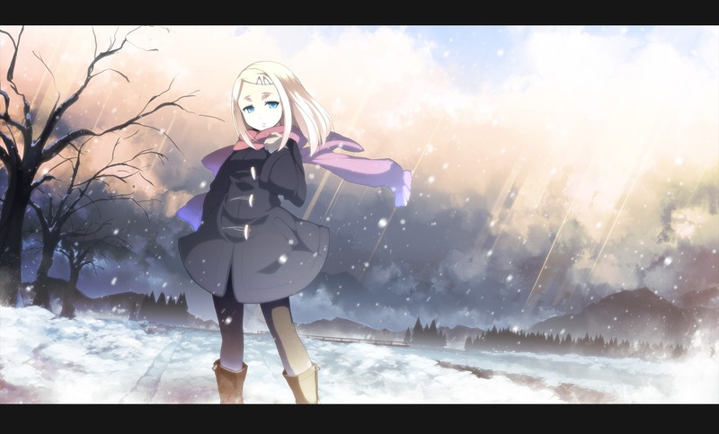 Asakura Masatoki, original characters, anime girls, nature, trees, blonde, scarf, long hair, boots, river, snow, sky, jacket, pants, mountains